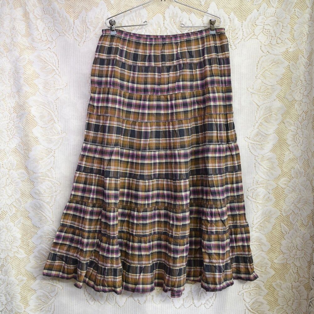 M.S.S.P. Womens Sz Medium Skirt Cotton Stretch Plaid Cottage Tiered Broomstick